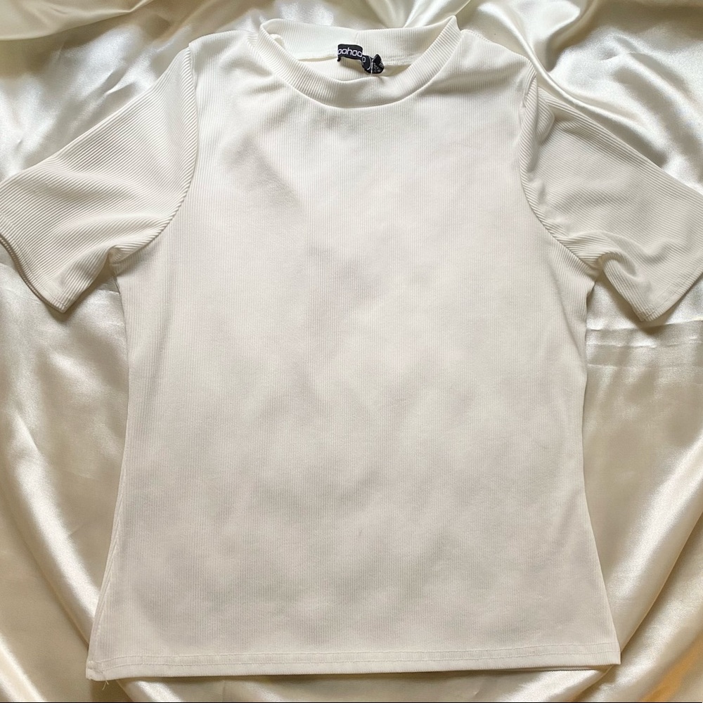 White Ribbed White Tee BOOHOO